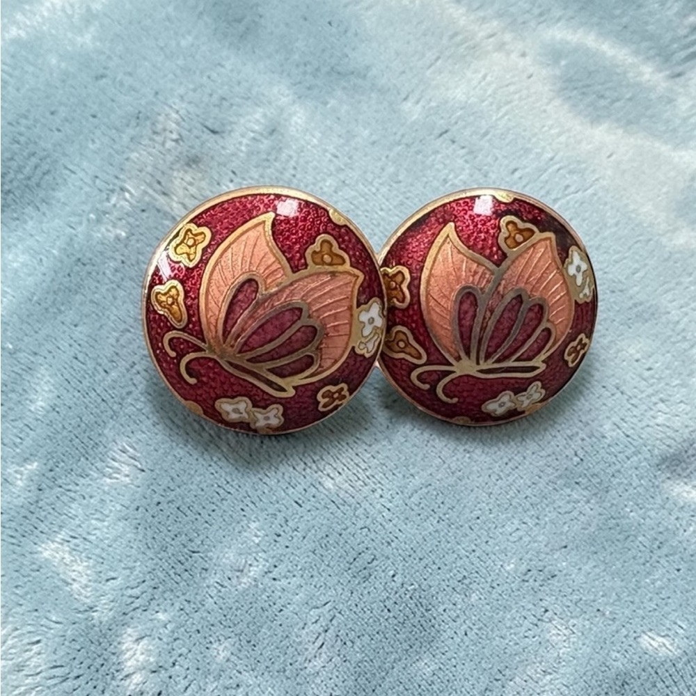 Vintage Cloisonné Round Red Butterfly Gold Tone Post Pierced Stud Earrings